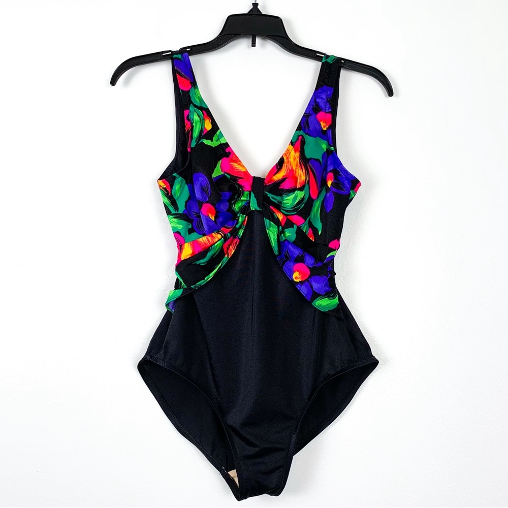 80s Palm Point swimsuit vintage one-piece black w/ tropical floral bust, size 10